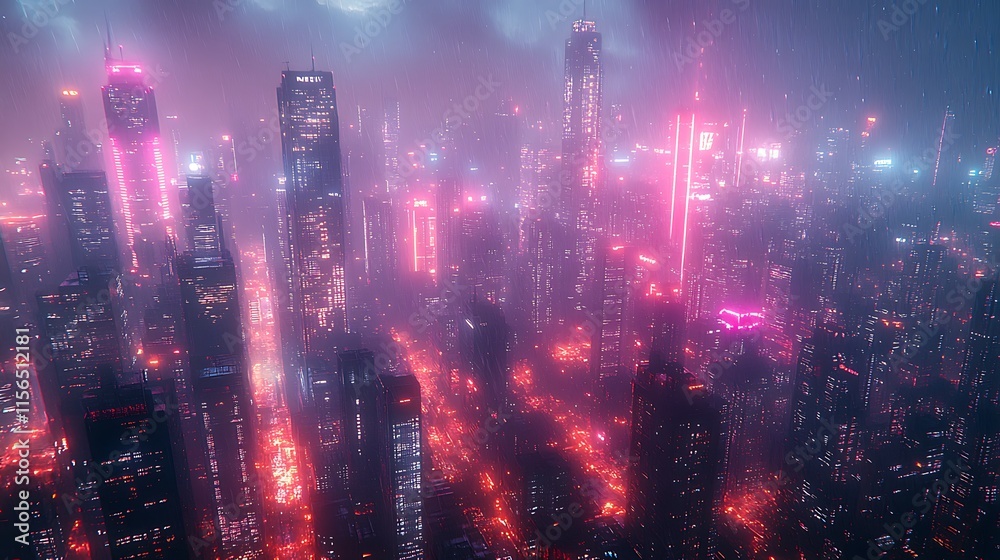 Obraz premium Neon Cityscape Rain Illuminated Towers Night