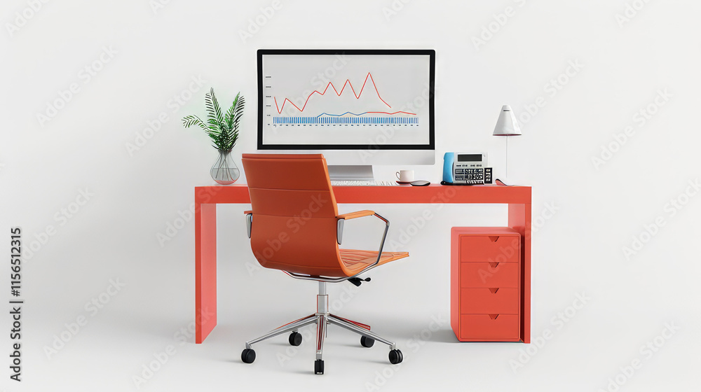 Modern office setup with a computer displaying graphs, a chair, and storage. isolated on white background Modern office setup with a computer displaying graphs, a chair, and storage. isolated on white background