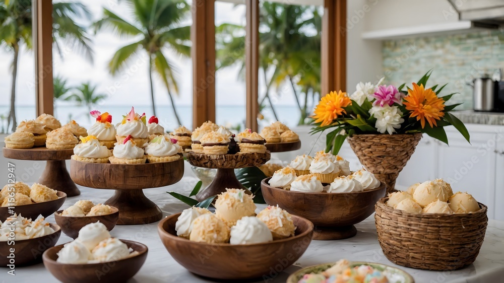 Fototapeta premium Coconut Delights: Sweet Treats Set Against a Tropical Kitchen Backdrop