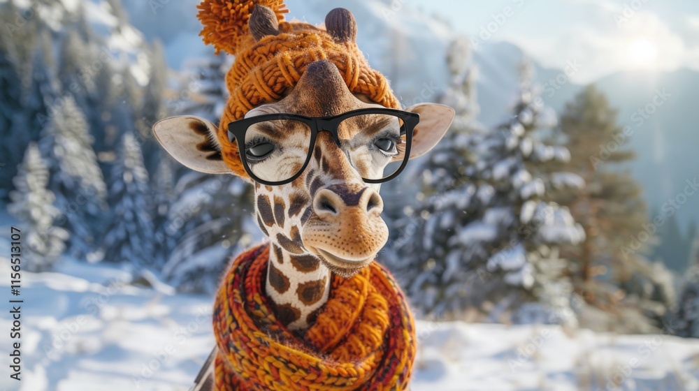 Obraz premium A humorous giraffe with glasses, a cozy scarf, and a knitted hat, standing against a snowy and scenic winter outdoor setting