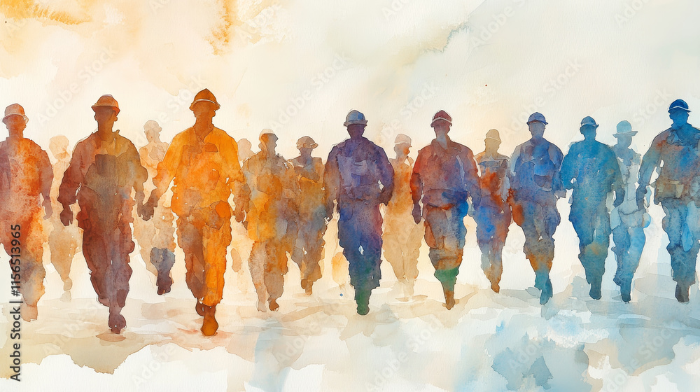 Naklejka premium Abstract watercolor depiction of group of workmen walking