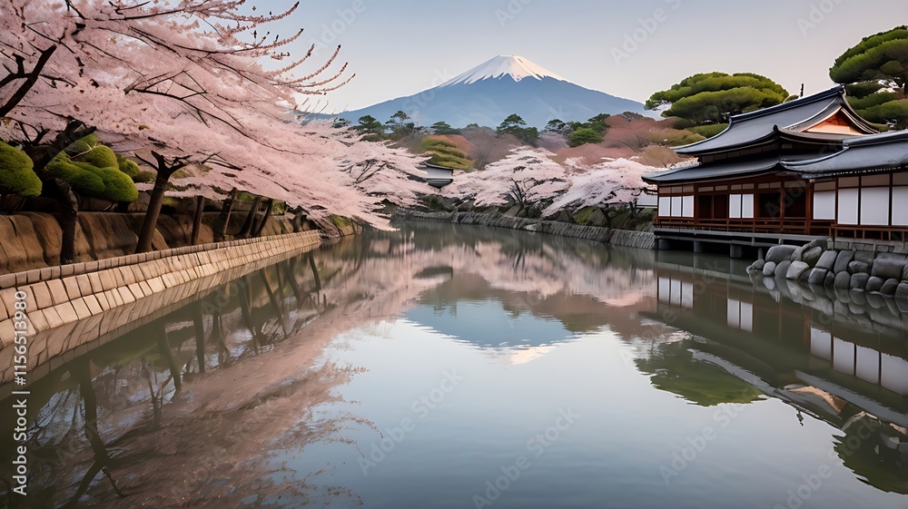 Fototapeta premium Serene Japanese landscape featuring Mount Fuji and cherry blossoms