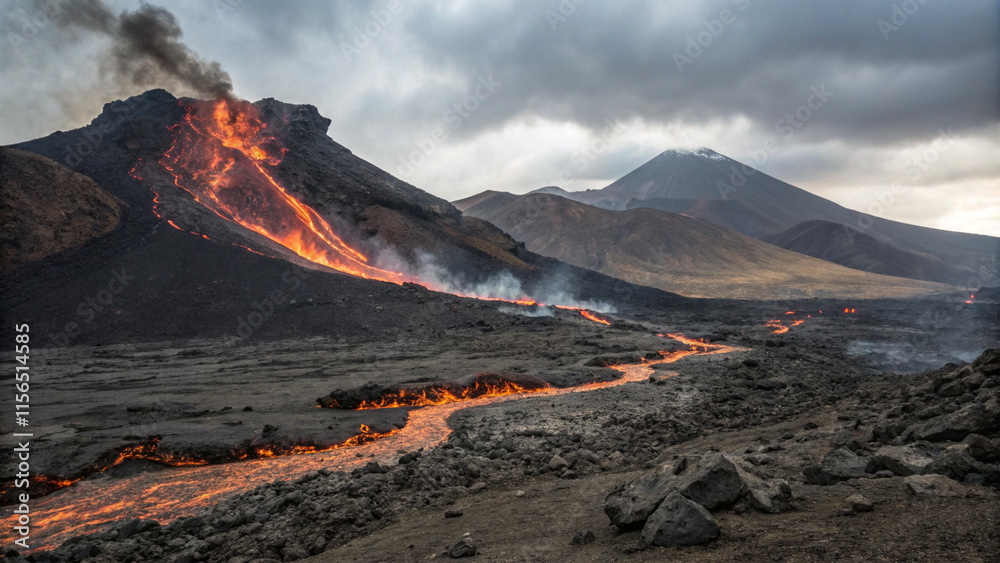 Naklejka premium A volcanic landscape with lava flows