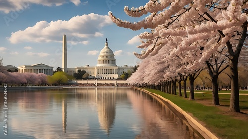 Washington Monuments Cherry Blossoms Springtime Scene