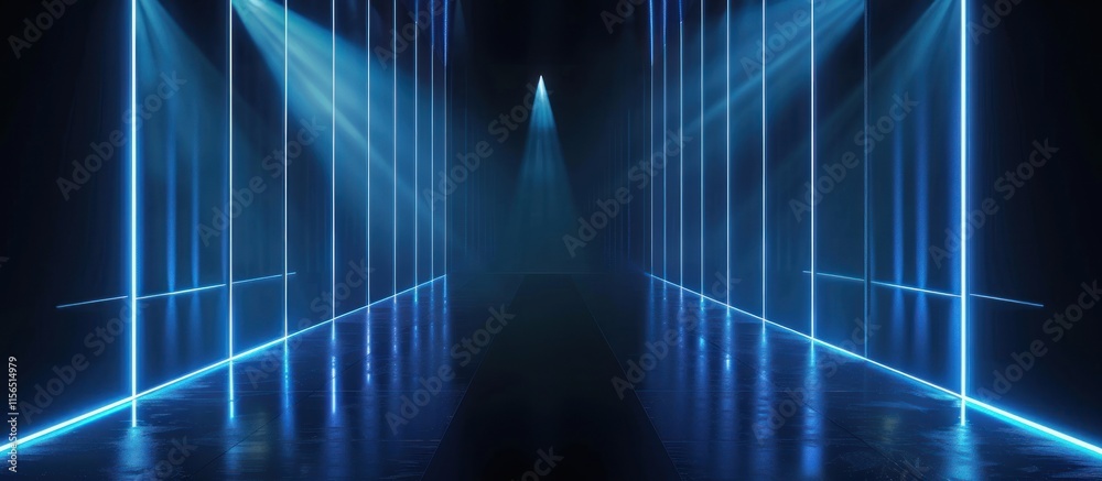 Naklejka premium Futuristic blue neon corridor with lighting.