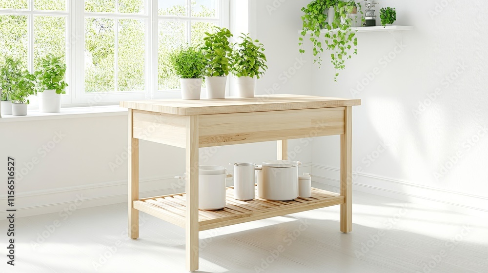 Bright and Modern Kitchen Space Featuring Simple Wooden Table Surrounded by Green Plants and Natural Light in a Cozy, Inviting Atmosphere Bright and Modern Kitchen Space Featuring Simple Wooden Table Surrounded by Green Plants and Natural Light in a Cozy, Inviting Atmosphere