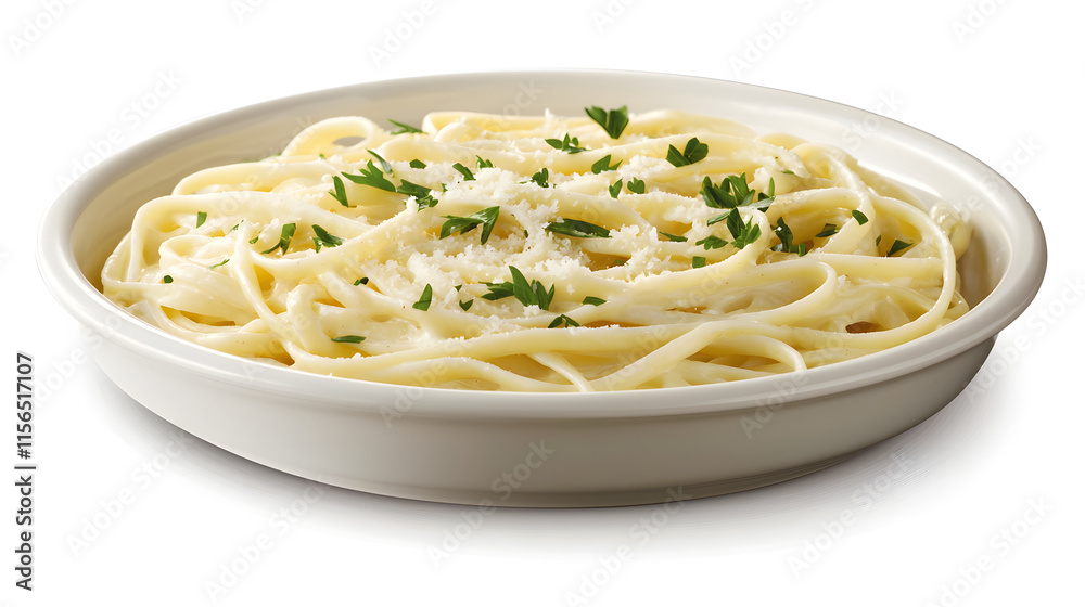 Creamy Fettuccine Alfredo with Parsley and Parmesan on White Plate Creamy Fettuccine Alfredo with Parsley and Parmesan on White Plate