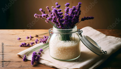 A glass jar of rice and flowers