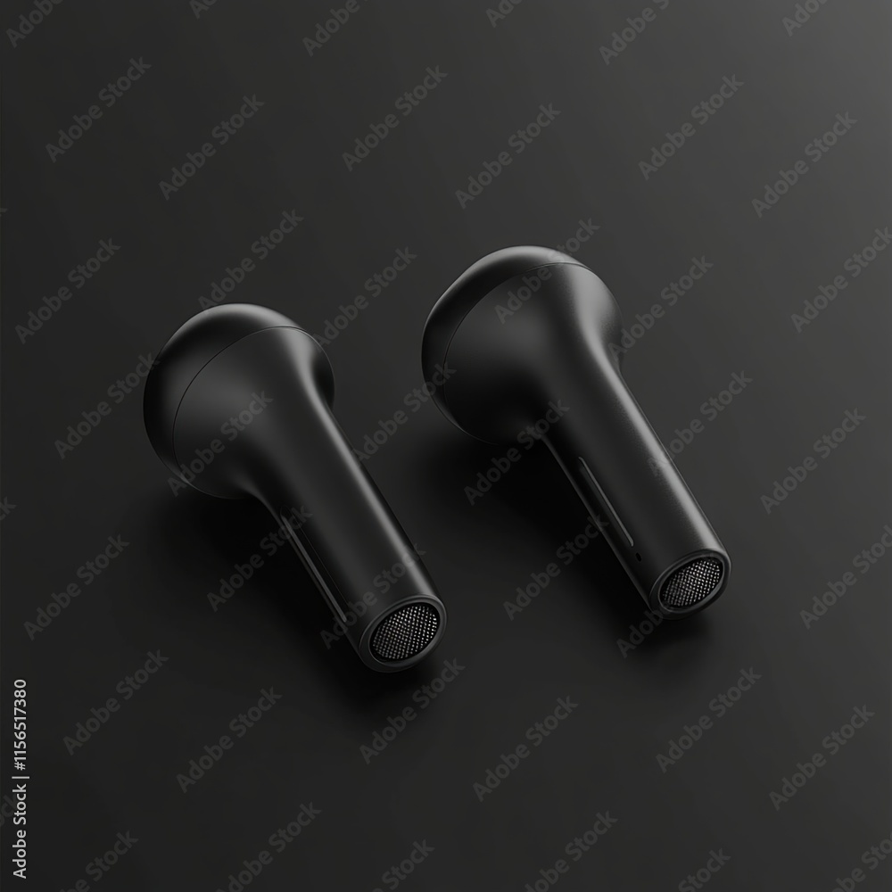 Naklejka premium Black wireless earbuds on dark background.