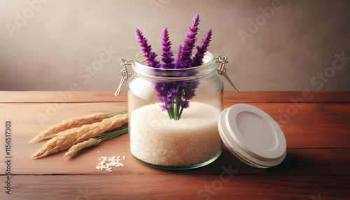 A glass jar of rice and flowers