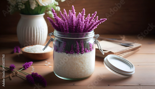 A glass jar of rice and flowers