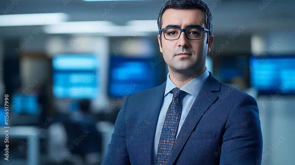 Fototapeta premium Confident Businessman Poses Thoughtfully in Modern Office Photo. AI Generated