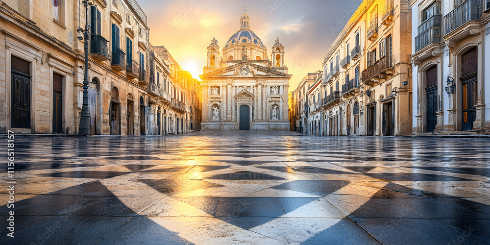 Fototapeta premium Sunrise Illuminates Baroque Church in City Square, Ancient Architecture Reflects Golden Light on Geometric Pavement, Majestic Stone Buildings Line the Pathway