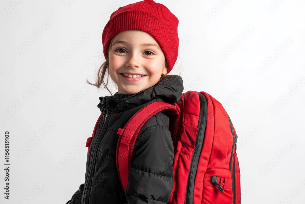A cheerful child wearing a red beanie and backpack, showcasing a stylish winter outfit against a bright backdrop. A cheerful child wearing a red beanie and backpack, showcasing a stylish winter outfit against a bright backdrop.