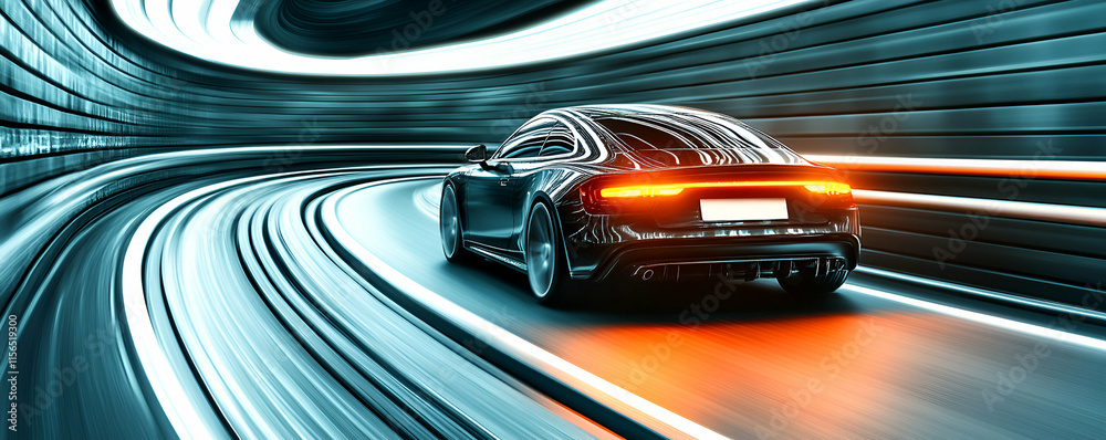 Fototapeta premium Speeding Car in Tunnel, Night Drive, Fast Motion Blur