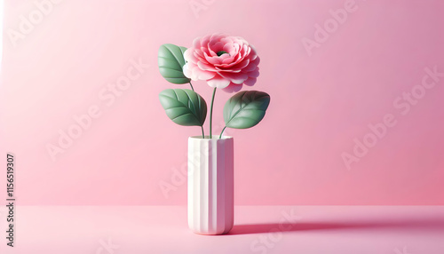 pink flower and green leaf in a white vase with pink background