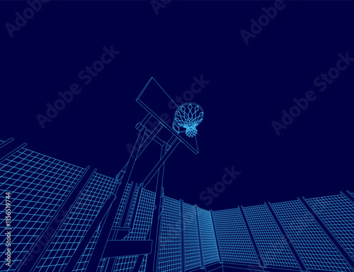 Blue basketball court with a basketball hoop in the center. The hoop is empty