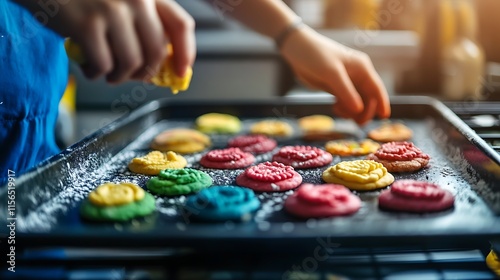 Close-up Photo: Carefully Decorating Vibrant Colorful Cookies in a Home Kitchen. AI Generated