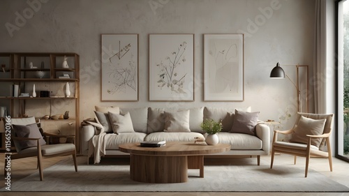3D-rendered living room interior with an empty vertical A3 frame on the wall, surrounded by a neutral-toned sofa, a coffee table, and decorative accents,Generative Ai
