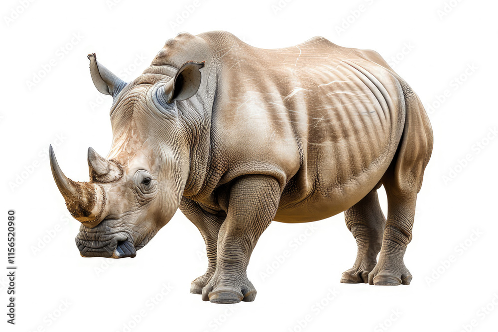 Fototapeta premium A realistic depiction of a rhinoceros standing isolated on white background