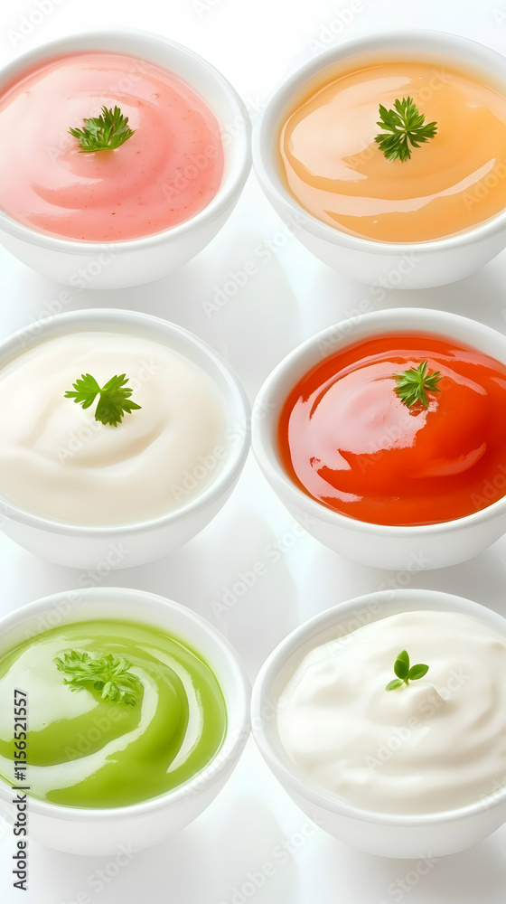 Six Colorful Creamy Dips, Served in Bowls, Garnished with Fresh Herbs. Perfect for Parties and Snacks. Six Colorful Creamy Dips, Served in Bowls, Garnished with Fresh Herbs. Perfect for Parties and Snacks.