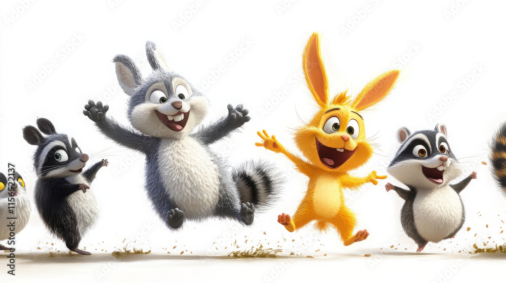 Fototapeta premium Animated Animals in Motion: A Colorful Collection of Cartoon Creatures