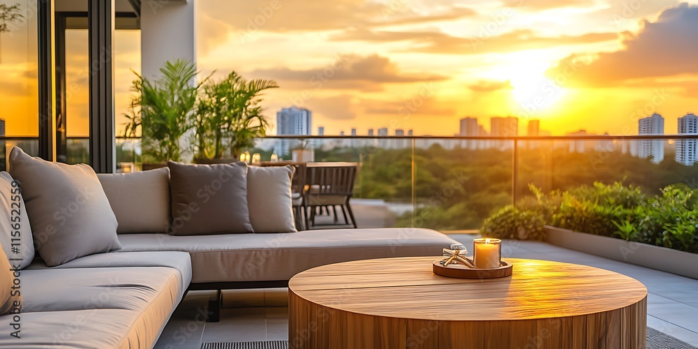 Fototapeta premium Chairs and tables on the balcony with background of city, cozy and calm environment of the house, evening time view
