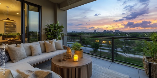 Chairs and tables on the balcony with background of city, cozy and calm environment of the house, evening time view