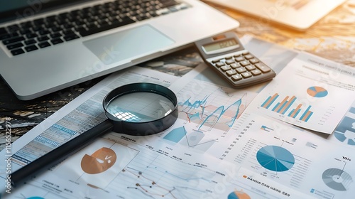 Financial Data Analysis: Charts, Graphs, and Magnifying Glass on Desk