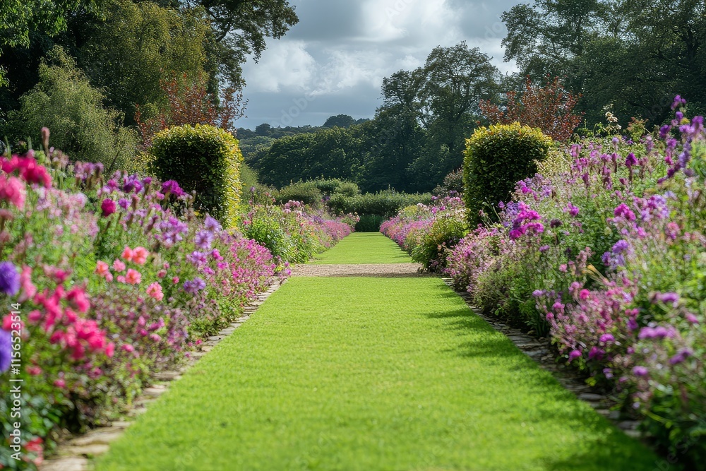 Obraz premium Elegant English country garden with colorful flower bed, green grass, shrubs, and path leading to trees. Formal landscape design with lush plants.