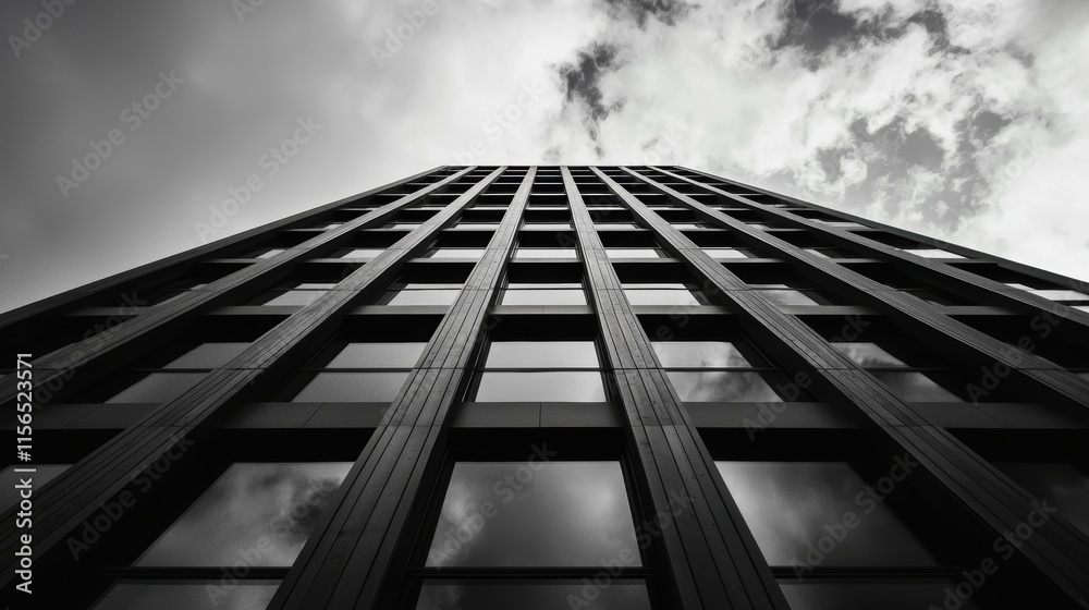 Fototapeta premium A striking black and white image of a tall building viewed from below, showcasing its linear architecture and dramatic sky.