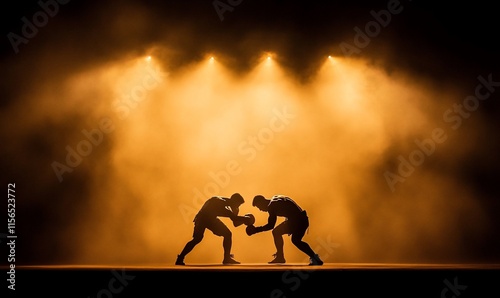 Two wrestlers engaged in a dramatic showdown under stage lights.