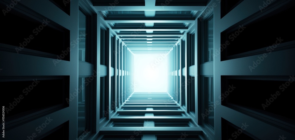 Obraz premium A mesmerizing view looking up a geometric structure, illuminated by a bright light at the top, creating a sense of depth and infinity.