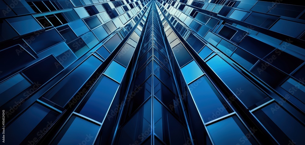 A striking view of a modern building's glass facade, showcasing an intricate pattern of blue reflections and lines extending upwards. A striking view of a modern building's glass facade, showcasing an intricate pattern of blue reflections and lines extending upwards.