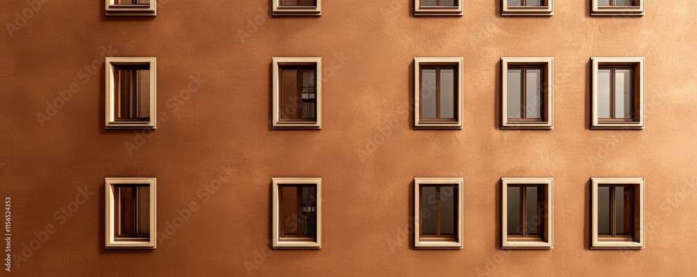 Fototapeta premium A minimalist facade featuring a series of windows arranged symmetrically on a warm-toned wall, creating a geometric and modern aesthetic.
