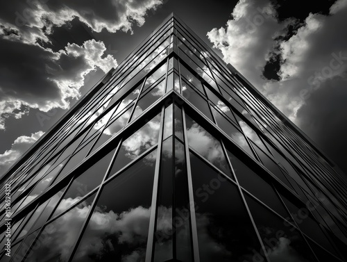 Wallpaper Mural A striking black and white image of a modern skyscraper, showcasing its glass facade against a dramatic sky filled with clouds. Torontodigital.ca