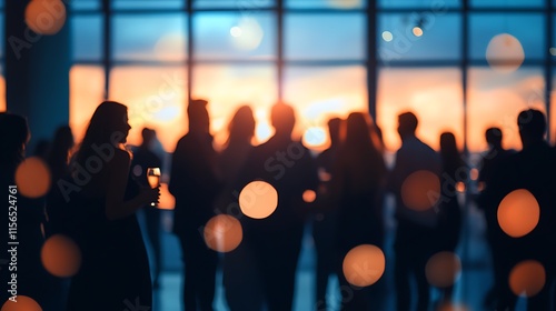 Office view full of people and co-workers with background of sun and bokeh lights through the window, business meeting social life