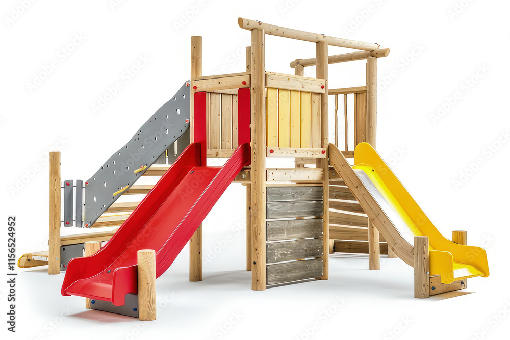 A wooden playground structure featuring slides and climbing elements for children's play. isolated on white background A wooden playground structure featuring slides and climbing elements for children's play. isolated on white background