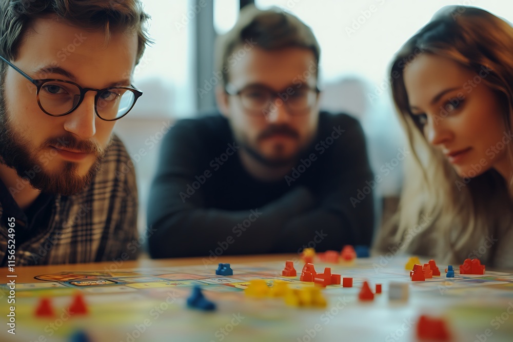 Fototapeta premium Business people sitting around a table focusing on strategy with game pieces on the table, social works and teamwork, think as a team