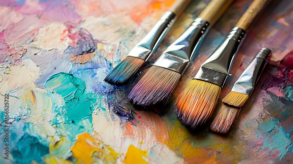 Obraz premium Close-up Photo: Vibrantly Colored Paintbrushes Resting on a Vividly Painted Palette. AI Generated