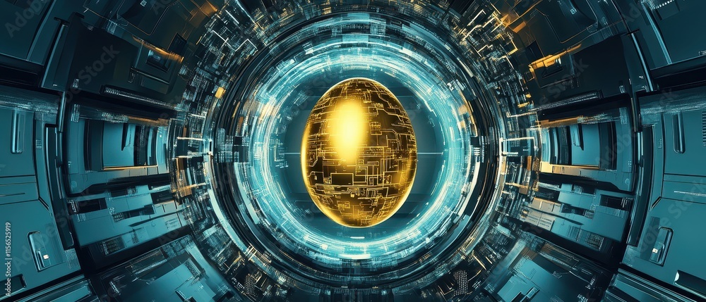 Fototapeta premium Golden Nest Reserve Concept. A futuristic, circular portal with a glowing center, surrounded by metallic structures and intricate patterns, suggesting advanced technology and exploration.