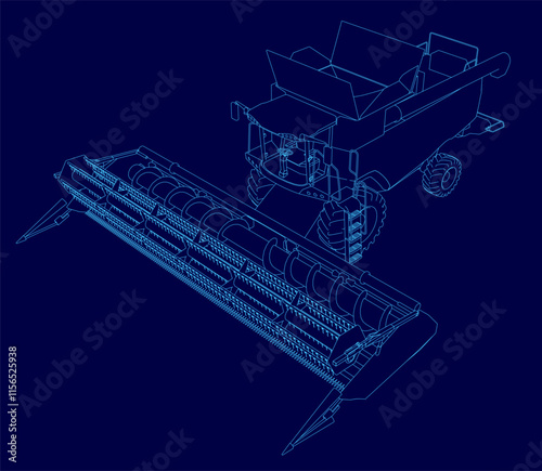 Blue drawing of a combine harvester. The drawing is in black and white and is very detailed