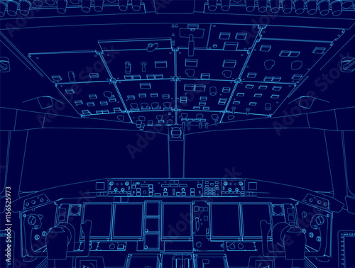 Blue drawing of an airplane cockpit. The cockpit is shown in a very detailed and realistic way, with the controls and instruments clearly visible. Scene is one of precision and focus