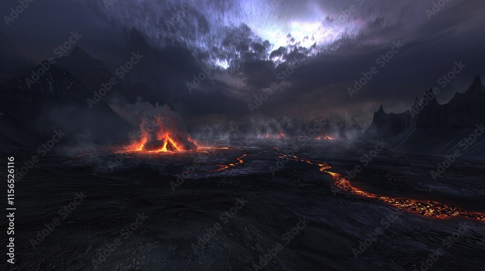A dramatic volcanic landscape with flowing lava and dark clouds. A dramatic volcanic landscape with flowing lava and dark clouds.
