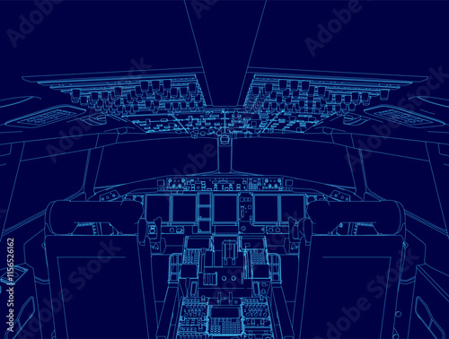 Blue image of an airplane cockpit. The cockpit is shown in a very detailed and realistic way, with the controls and instruments clearly visible. Concept of precision and professionalism