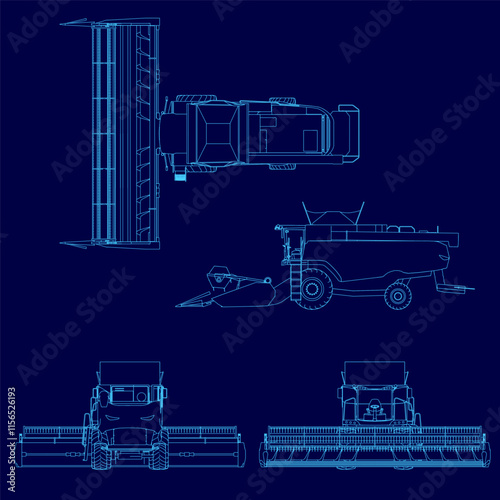 Blue drawing of a tractor with a cab and a cab. The tractor is shown from the front, back, and side
