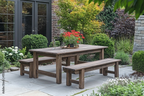 Briarwood solid wood outdoor dining table with two benches on the patio, high-detail product photo. photo