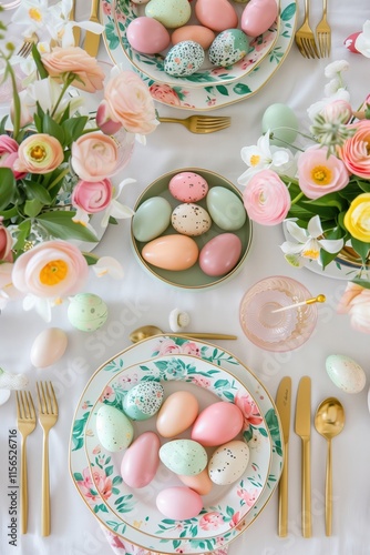 Colorful Easter brunch table setting with decorative eggs and fresh flowers in a springtime celebration