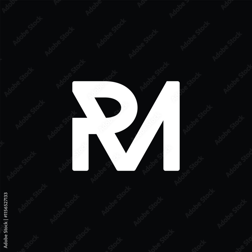 The image shows a flat monogram design of an initial letter RM in white shape on a black background The image shows a flat monogram design of an initial letter RM in white shape on a black background