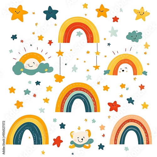 Illustration with cute handwritten clouds, stars and rainbows. cute sky wallpapers, backgrounds, cards, stickers

